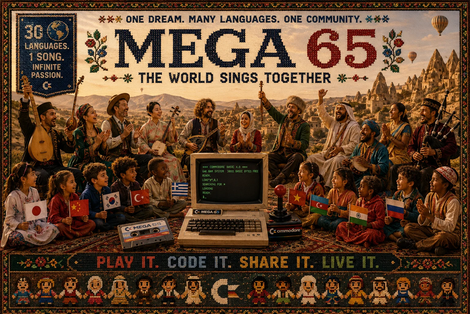 A stitched tapestry-style illustration of the MEGA65 surrounded by a multicultural community